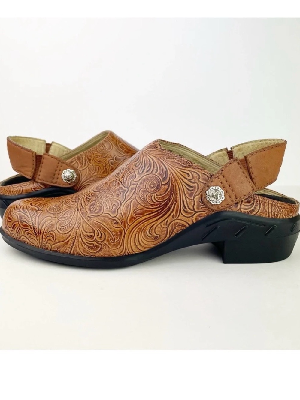 Ariat Tooled Chestnut/Tan Leather Slip-On Clog
